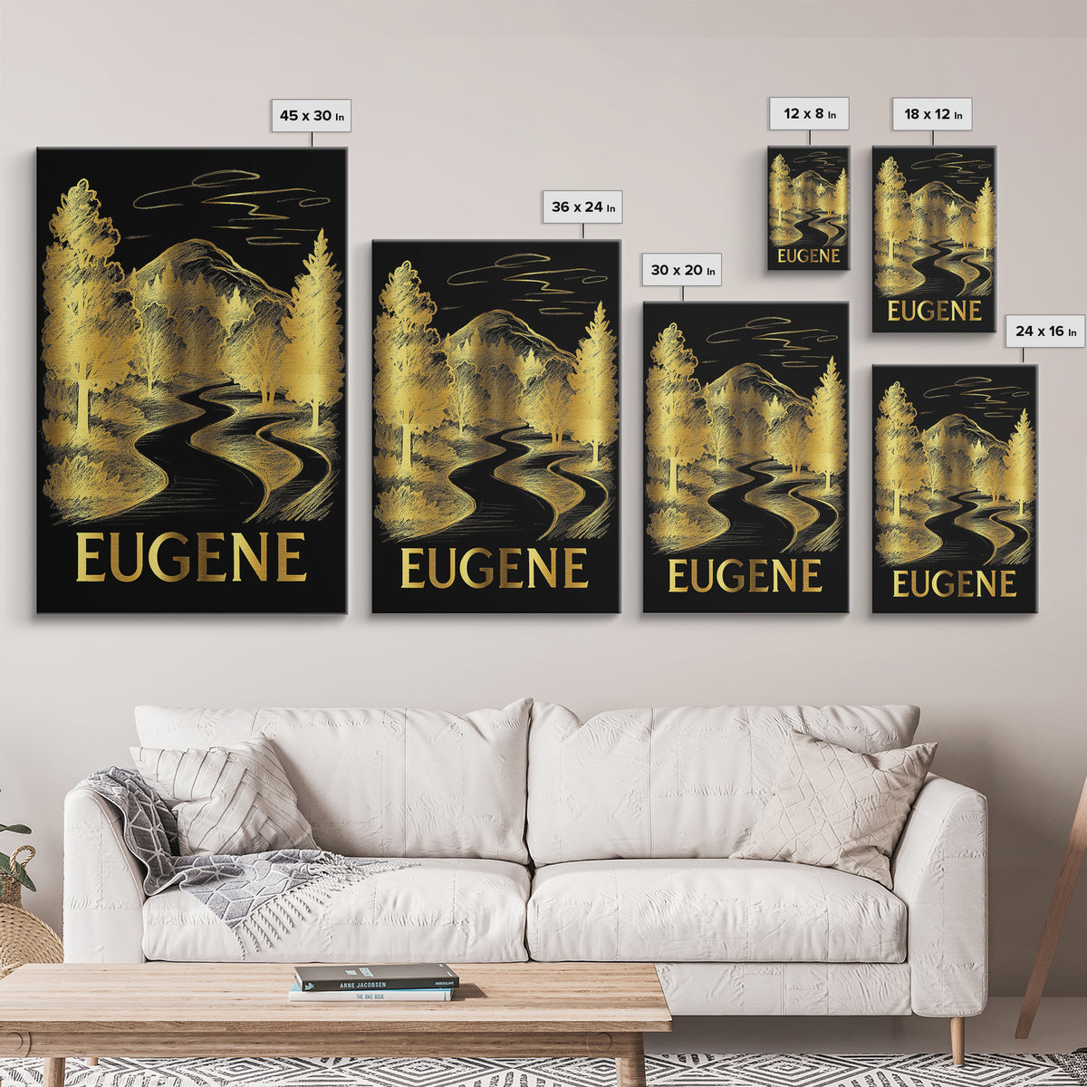 Eugene Travel Poster, Canvas Print, Black And Gold Line Art, Eugene Wall Art, Gift For Travelers, Living Room Wall Art, Wanderlust Decor