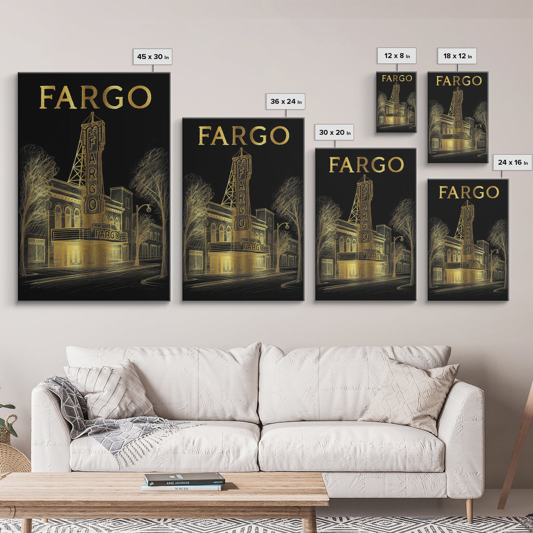 Fargo North Dakota Travel Poster, Canvas Print, Black And Gold Line Art, Fargo Wall Art, Wall Decor, Travel Poster Set, City Art Print