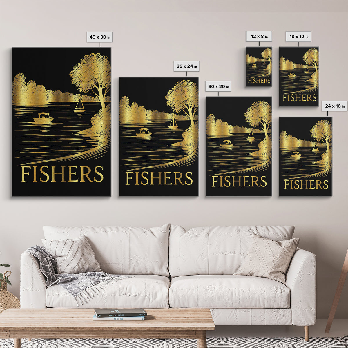 Fishers Travel Poster, Framed Canvas Print, Black And Gold Line Art, Fishers Travel Art, Vintage Travel Art, Vintage Travel Print