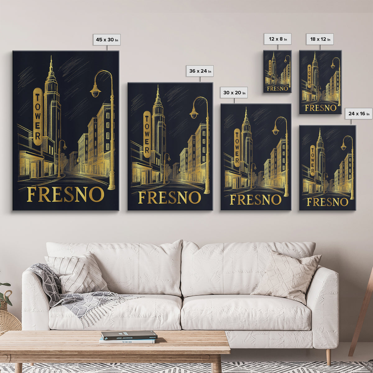 Fresno Travel Poster, Framed Canvas Print, Dark Background Poster Art, Fresno Wall Art, City Illustration, Vintage Travel Art, Design 2
