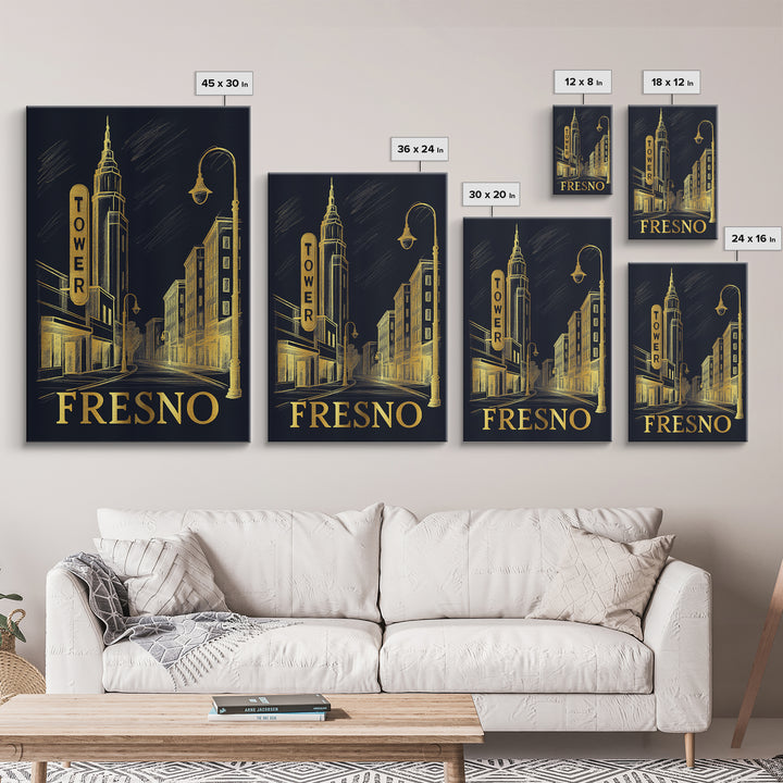 Fresno Travel Poster, Framed Canvas Print, Dark Background Poster Art, Fresno Wall Art, City Illustration, Vintage Travel Art, Design 2