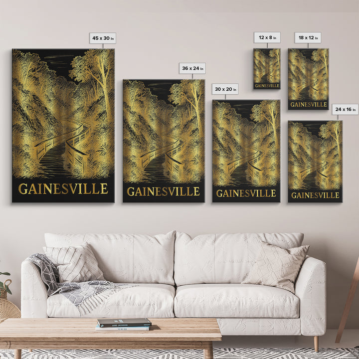Gainesville Travel Poster, Framed Canvas Print, Gold Sketch Wall Art, Gainesville Poster Print, Living Room Wall Art, Eclectic Wall Decor