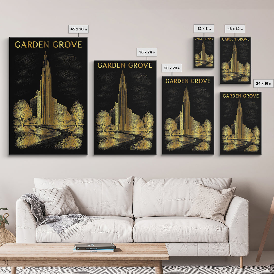 Garden Grove California Travel Poster, Canvas Print, Black And Gold Line Art, Garden Grove Art Print, Travel Art Print, City Travel Prints