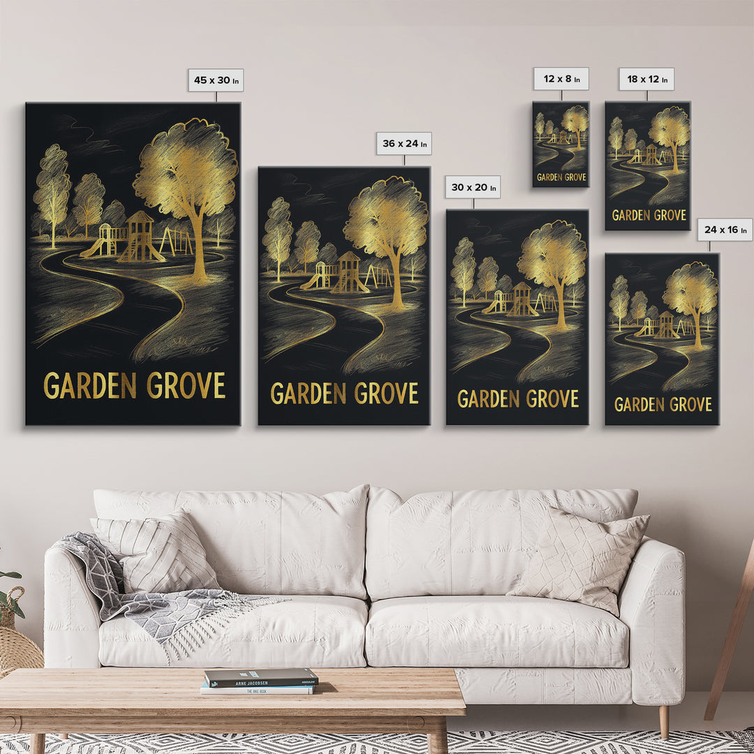 Garden Grove Travel Poster, Framed Canvas Print, Gold Sketch Wall Art, Garden Grove Poster Print, Mid Century Wall Art, Vintage City Art