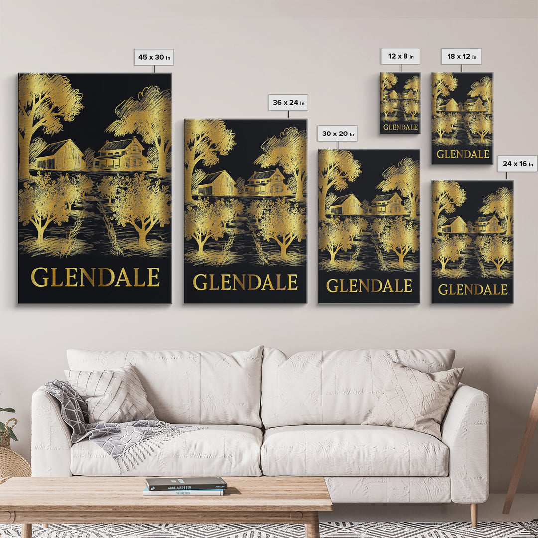 Glendale Travel Poster, Canvas Print, Dark Background Poster Art, Glendale City Art, Wanderlust Decor, City Art Print, Modern Wall Decor