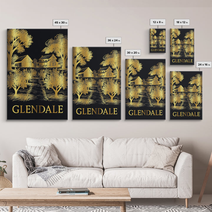 Glendale Travel Poster, Canvas Print, Dark Background Poster Art, Glendale City Art, Wanderlust Decor, City Art Print, Modern Wall Decor