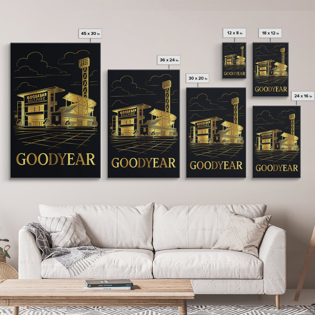 Goodyear Travel Poster, Framed Canvas Print, Gold Sketch Wall Art, Goodyear Travel Art, Eclectic Wall Decor, Living Room Wall Art