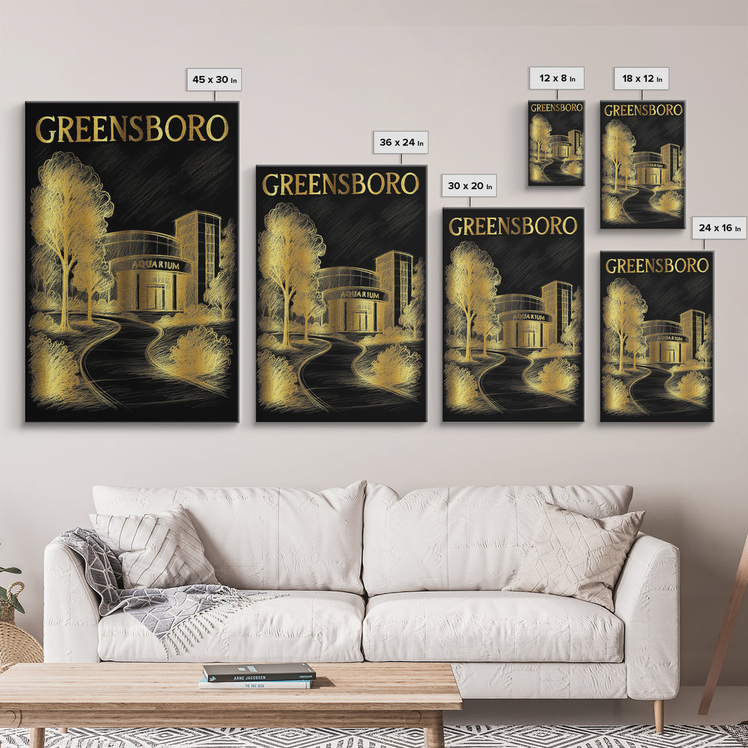 Greensboro North Carolina Travel Poster, Canvas Print, Black And Gold Line Art, Greensboro Travel Art, City Poster, Gift For Travelers