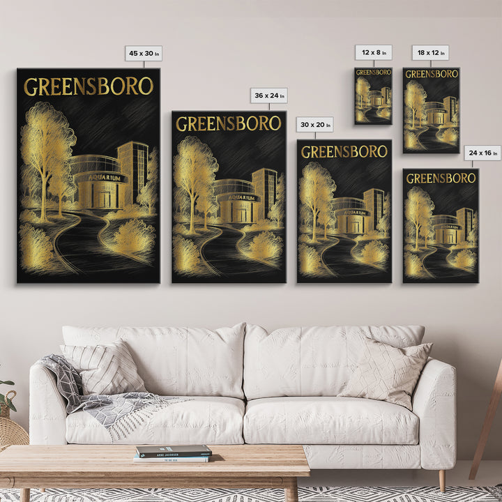 Greensboro North Carolina Travel Poster, Canvas Print, Black And Gold Line Art, Greensboro Travel Art, City Poster, Gift For Travelers