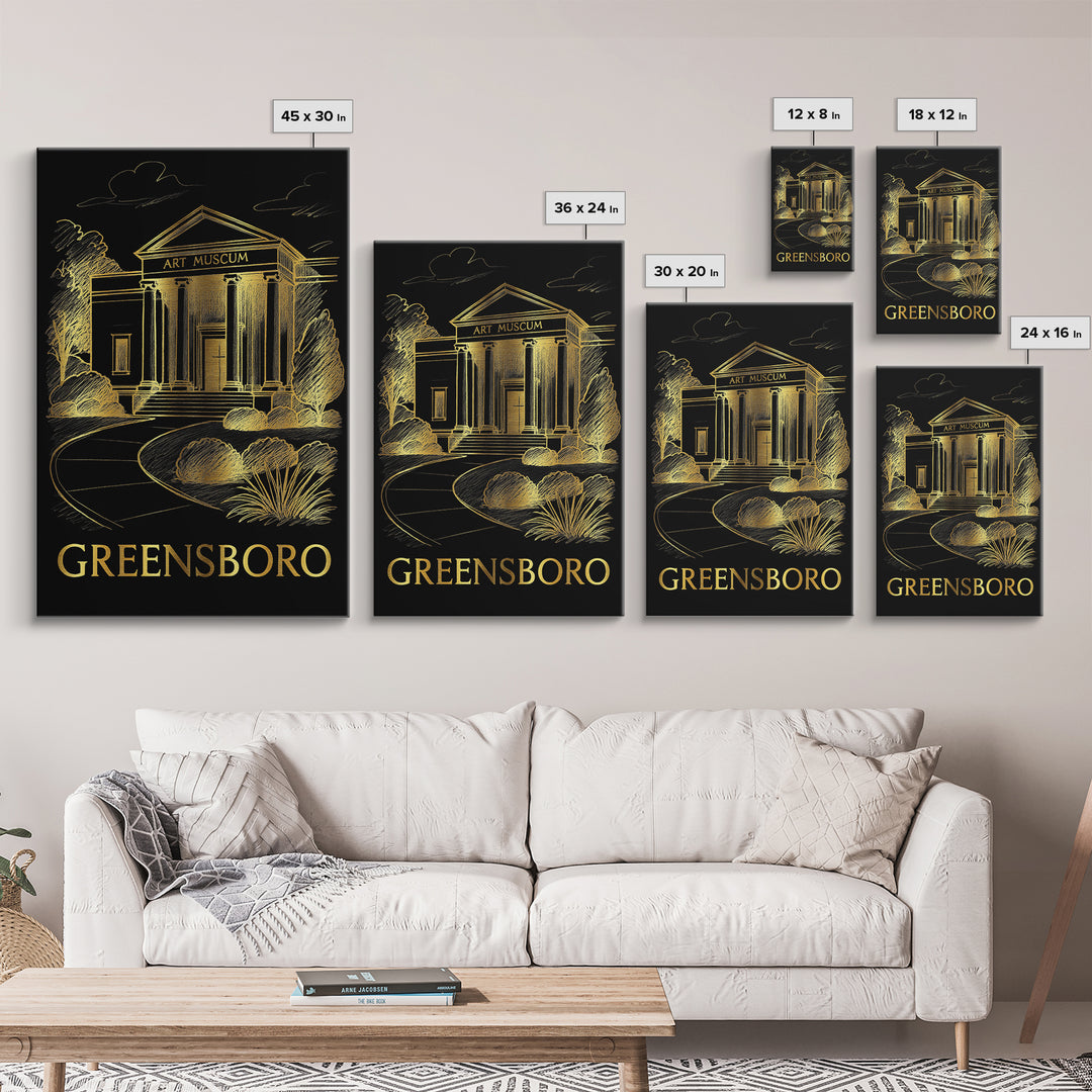 Greensboro Travel Poster, Framed Canvas Print, Black And Gold Line Art, Greensboro Poster Print, Travel Poster Set, Retro Travel Print