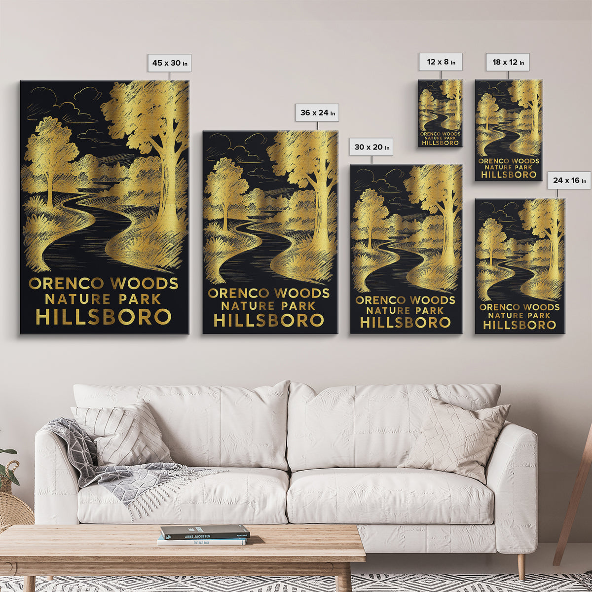 Hillsboro Travel Poster, Framed Canvas Print, Elegant Gold City Art, Hillsboro Poster Print, Travel Art Print, Watercolor City Skyline