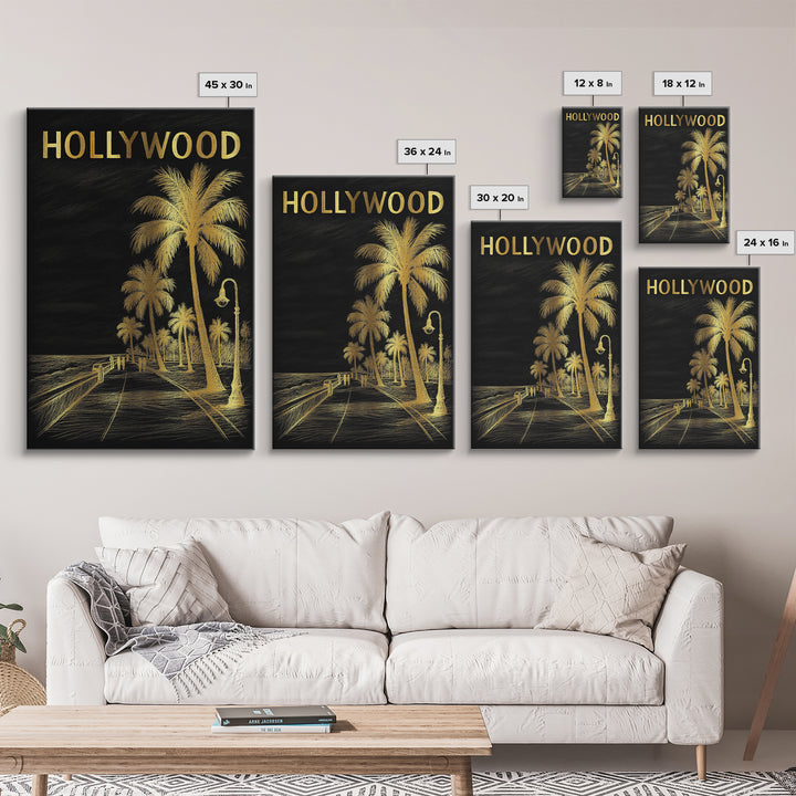 Hollywood Florida Travel Poster, Canvas Print, Dark Background Poster Art, Hollywood Poster Print, Watercolor City Skyline, Travel Print