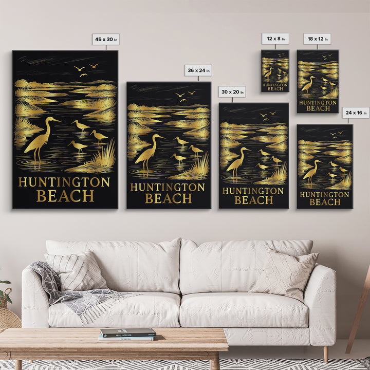 Huntington Beach Travel Poster, Framed Canvas Print, Elegant Gold City Art, Huntington Beach Travel Art, Travel Poster Art, Home Decor
