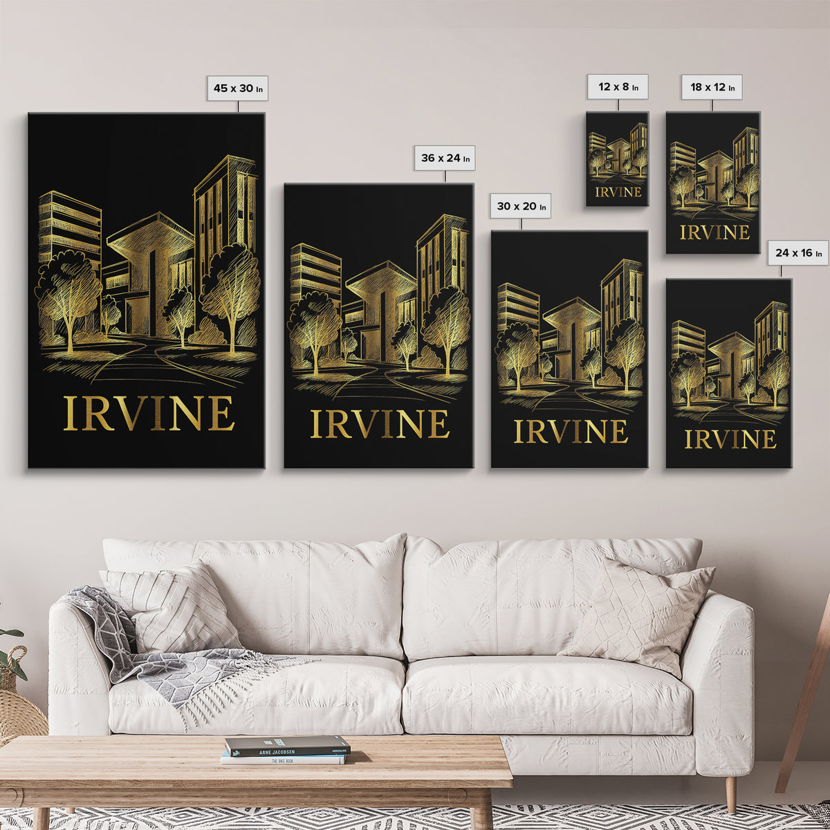 Irvine Travel Poster, Framed Canvas Print, Elegant Gold City Art, Irvine Art Print, Travel Art Print, Vintage Travel Print, Fine Art Print