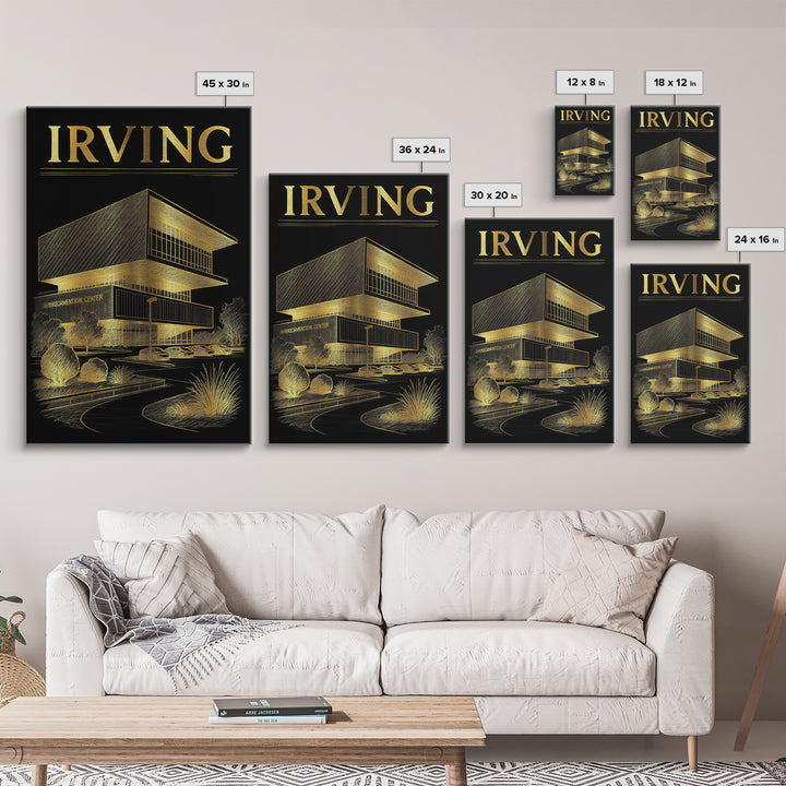 Irving Texas Travel Poster, Canvas Print, Black And Gold Line Art, Irving Print, Wanderlust Decor, Watercolor Skyline, Retro Travel Print