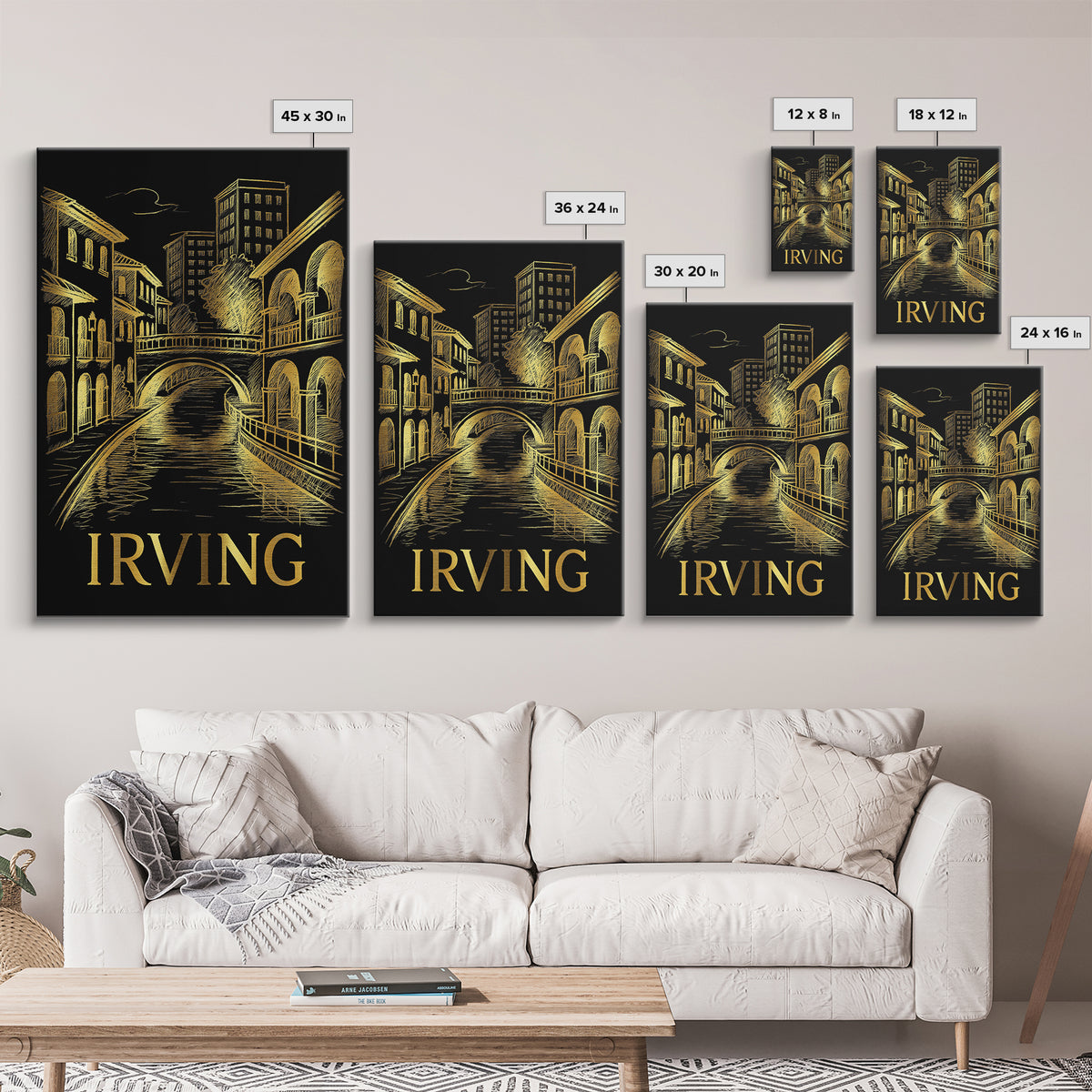 Irving Travel Poster, Framed Canvas Print, Elegant Gold City Art, Irving Poster Print, Vintage City Art, Mid Century Wall Art, Design 2
