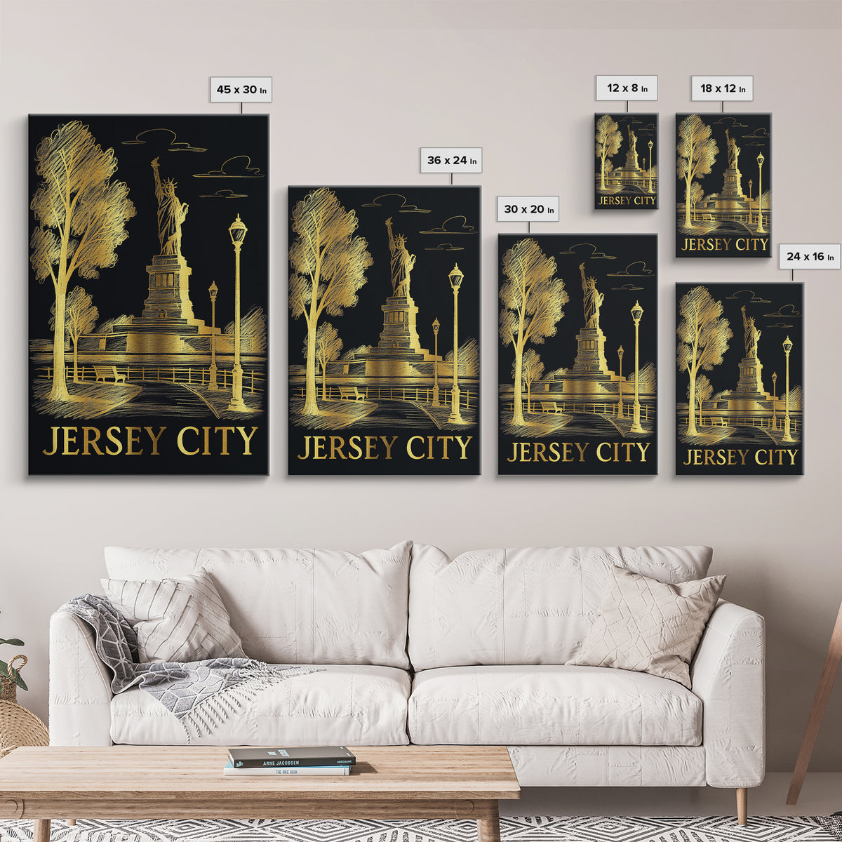 Jersey City Travel Poster, Canvas Print, Black And Gold Line Art, Jersey City Poster Print, Watercolor Urban Skyline, Home Office Decor