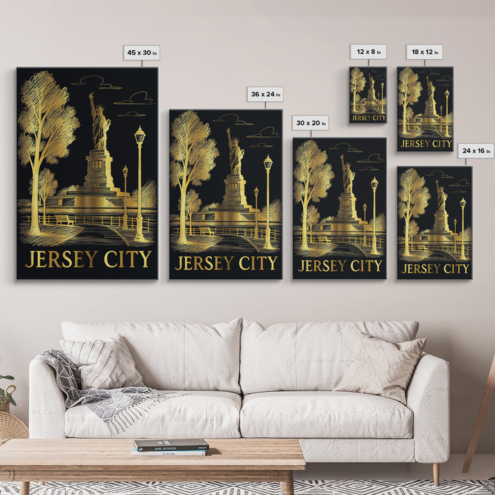 Jersey City Travel Poster, Canvas Print, Black And Gold Line Art, Jersey City Poster Print, Watercolor Urban Skyline, Home Office Decor