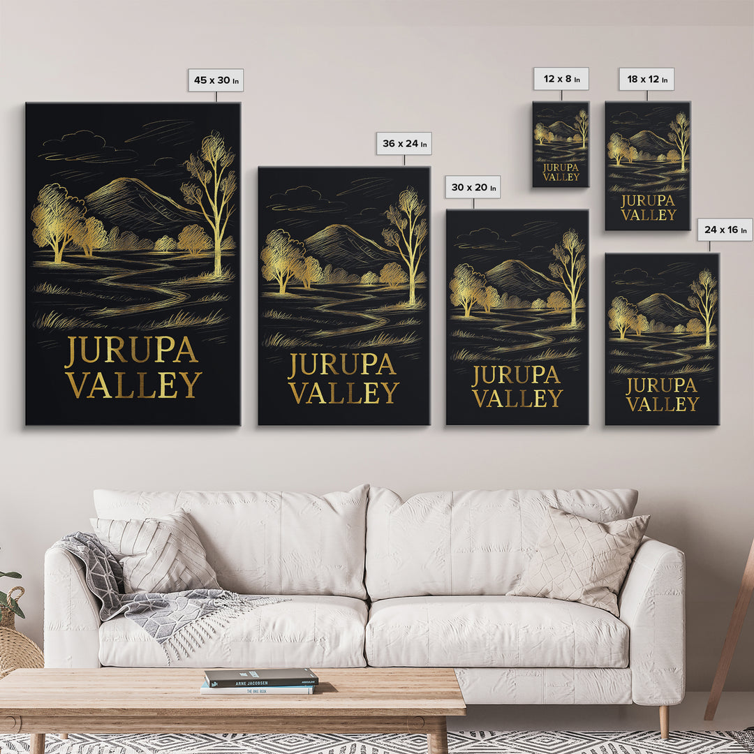 Jurupa Valley Travel Poster, Framed Canvas Print, Elegant Gold City Art, Jurupa Valley Art Print, Watercolor Skyline, Home Office Decor