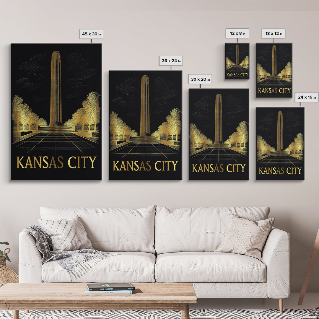 Kansas City Travel Poster, Framed Canvas Print, Black And Gold Line Art, Kansas City Art Print, Eclectic Wall Decor, Travel Wall Decor