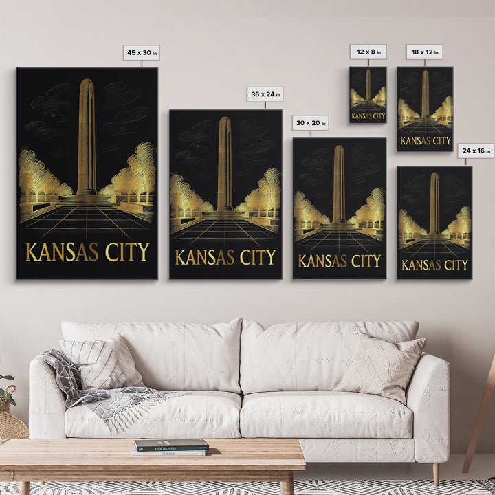 Kansas City Travel Poster, Framed Canvas Print, Black And Gold Line Art, Kansas City Art Print, Eclectic Wall Decor, Travel Wall Decor