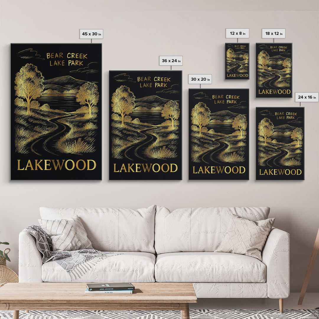 Lakewood Travel Poster, Framed Canvas Print, Elegant Gold City Art, Lakewood City Art, Travel Poster Set, Eclectic Wall Decor, Wall Art