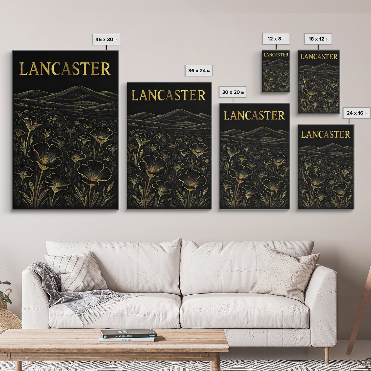 Lancaster California Travel Poster, Framed Canvas Print, Elegant Gold City Art, Lancaster City Art, Mid Century Wall Art, City Illustration