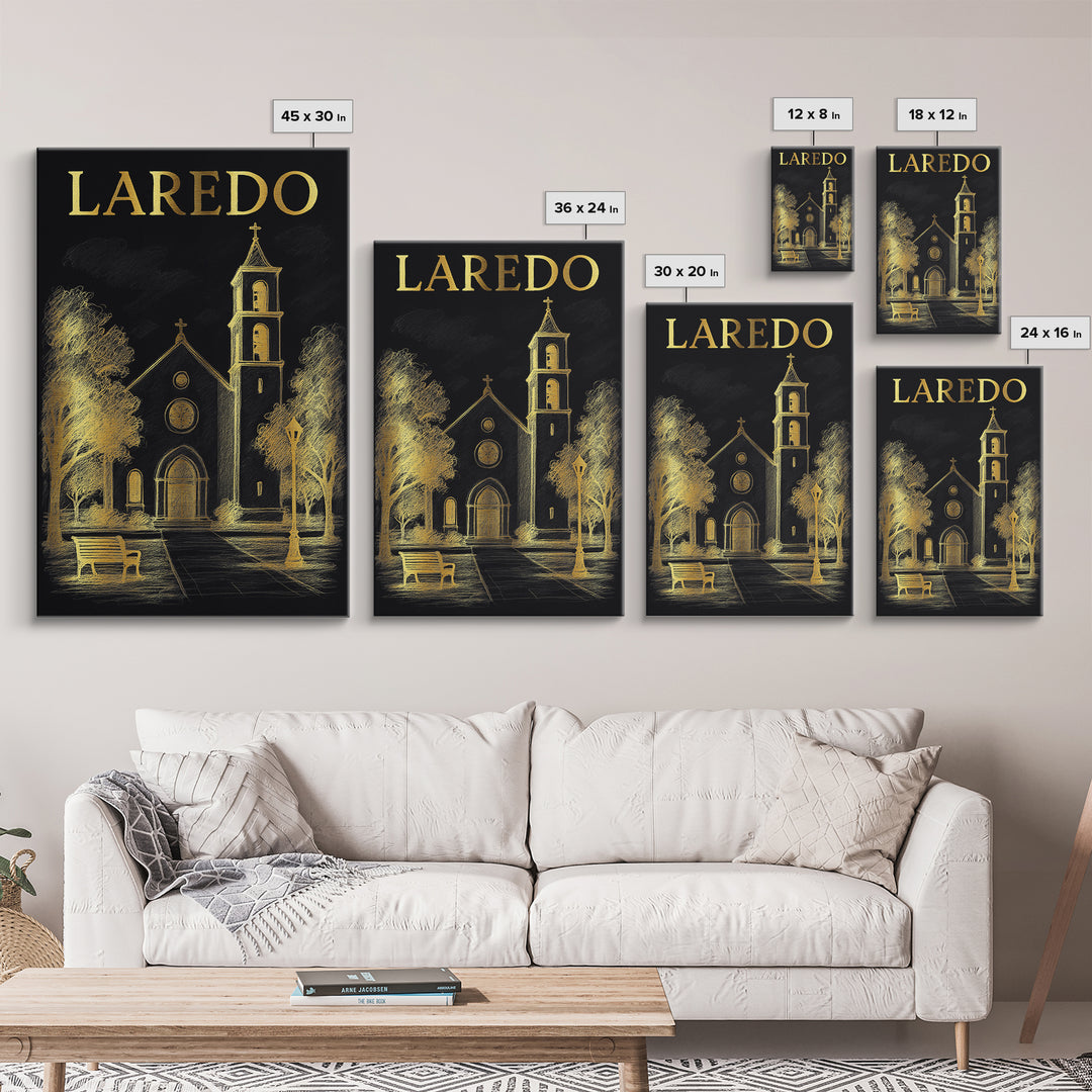 Laredo Texas Travel Poster, Canvas Print, Black And Gold Line Art, Laredo City Art, Watercolor Skyline Art, Fine Art Print, Travel Posters