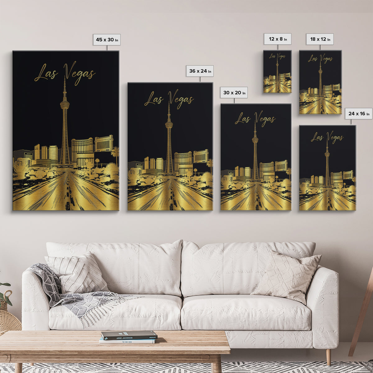 Las Vegas Travel Poster, Framed Canvas Print, Gold Sketch Wall Art, Las Vegas Art Print, Modern Wall Decor, Watercolor Cityscape