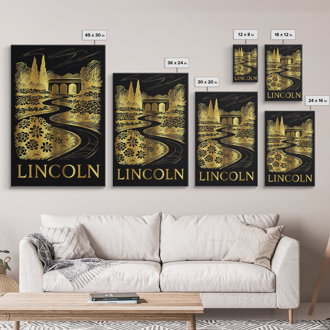 Lincoln Travel Poster, Canvas Print, Elegant Gold City Art, Lincoln City Art, Vintage City Poster, Gift For Travelers, Vintage City Art
