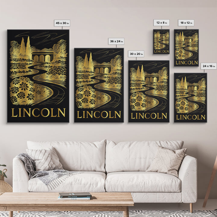 Lincoln Travel Poster, Canvas Print, Elegant Gold City Art, Lincoln City Art, Vintage City Poster, Gift For Travelers, Vintage City Art
