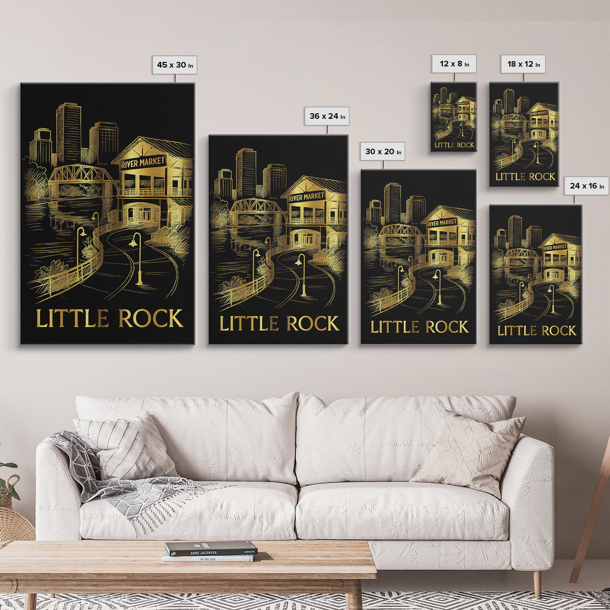Little Rock Travel Poster, Framed Canvas Print, Gold Sketch Wall Art, Little Rock Wall Art, Retro Travel Print, Watercolor Skyline