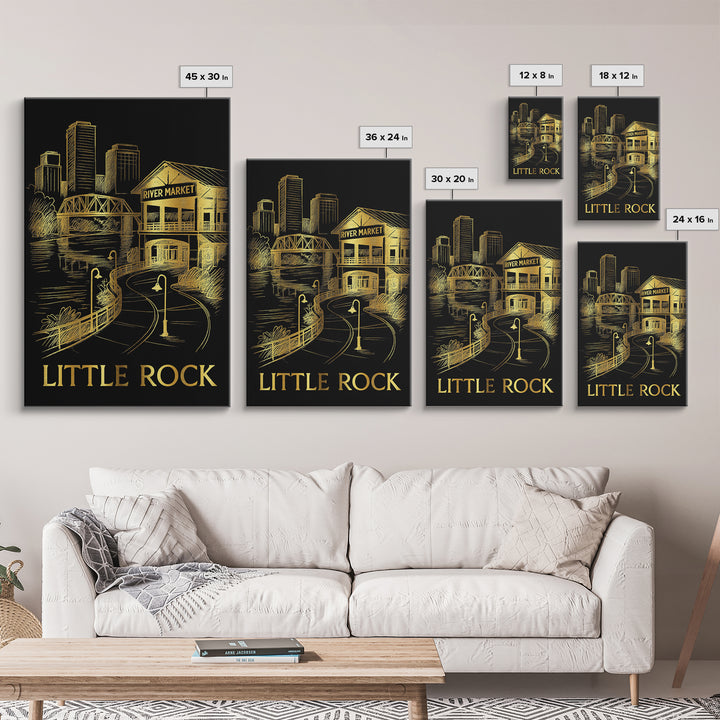 Little Rock Travel Poster, Framed Canvas Print, Gold Sketch Wall Art, Little Rock Wall Art, Retro Travel Print, Watercolor Skyline