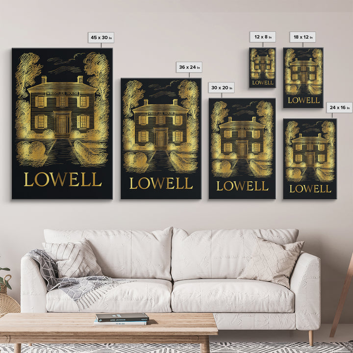 Lowell Travel Poster, Canvas Print, Black And Gold Line Art, Lowell City Art, Travel Wall Art, Eclectic Wall Decor, Gift For Travelers