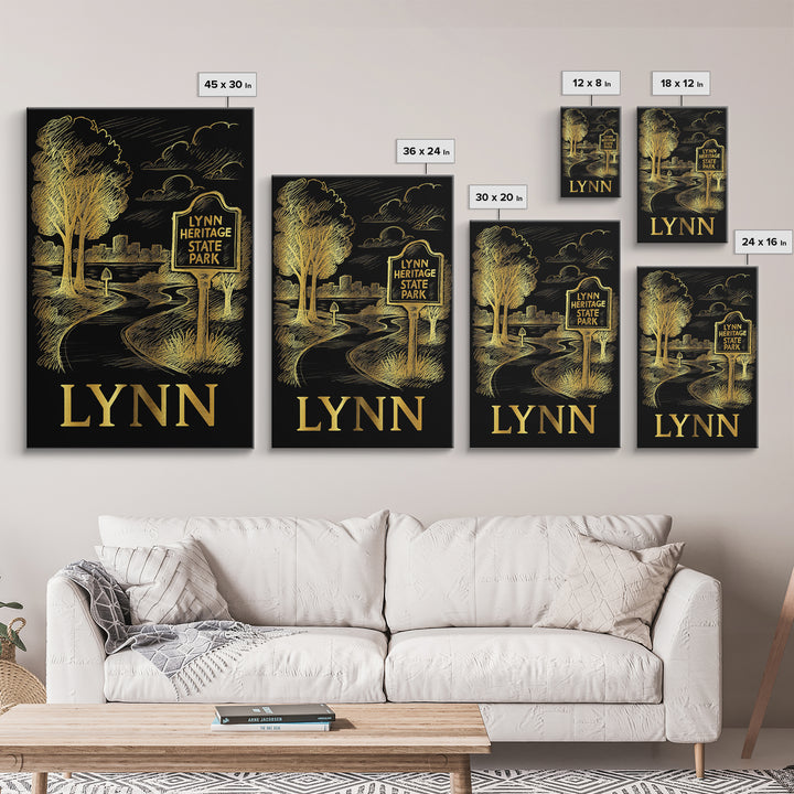 Lynn Travel Poster, Framed Canvas Print, Elegant Gold City Art, Lynn Wall Art, Living Room Wall Art, Home Office Decor, Travel Wall Decor