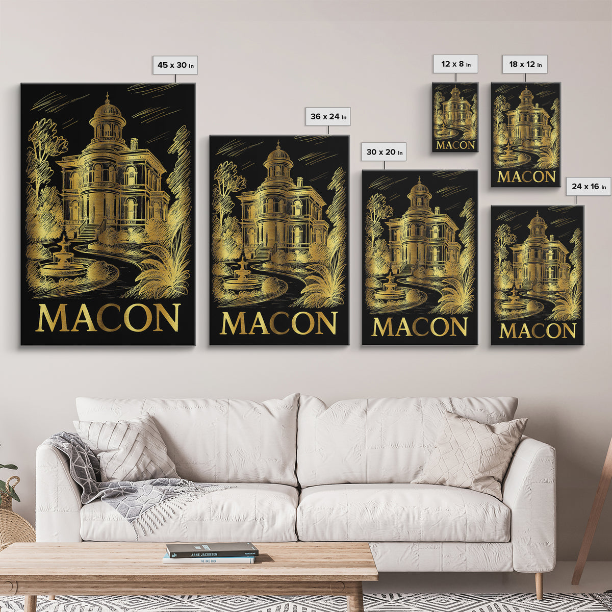 Macon Travel Poster, Framed Canvas Print, Black And Gold Line Art, Macon Wall Art, Travel Poster Art, Living Room Wall Art, City Art Print