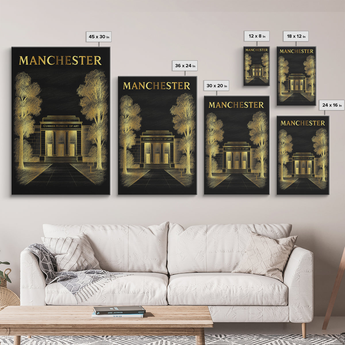 Manchester New Hampshire Travel Poster, Canvas Print, Black And Gold Line Art, Manchester Wall Art, Art Print, Wall Decor, Travel Poster Set