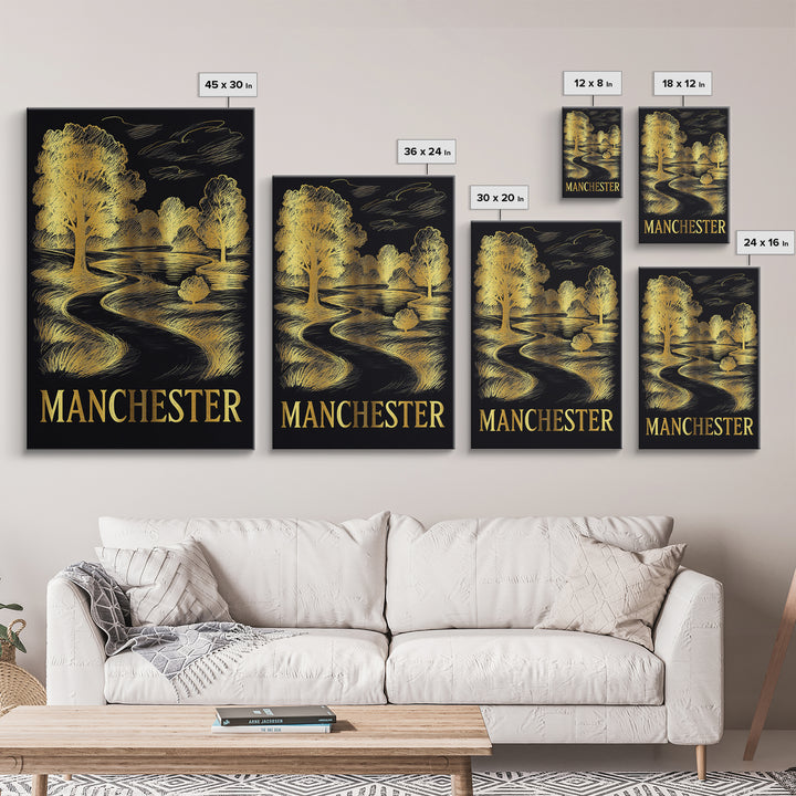Manchester Travel Poster, Framed Canvas Print, Black And Gold Line Art, Manchester Art Print, Living Room Wall Art, Vintage Travel Print
