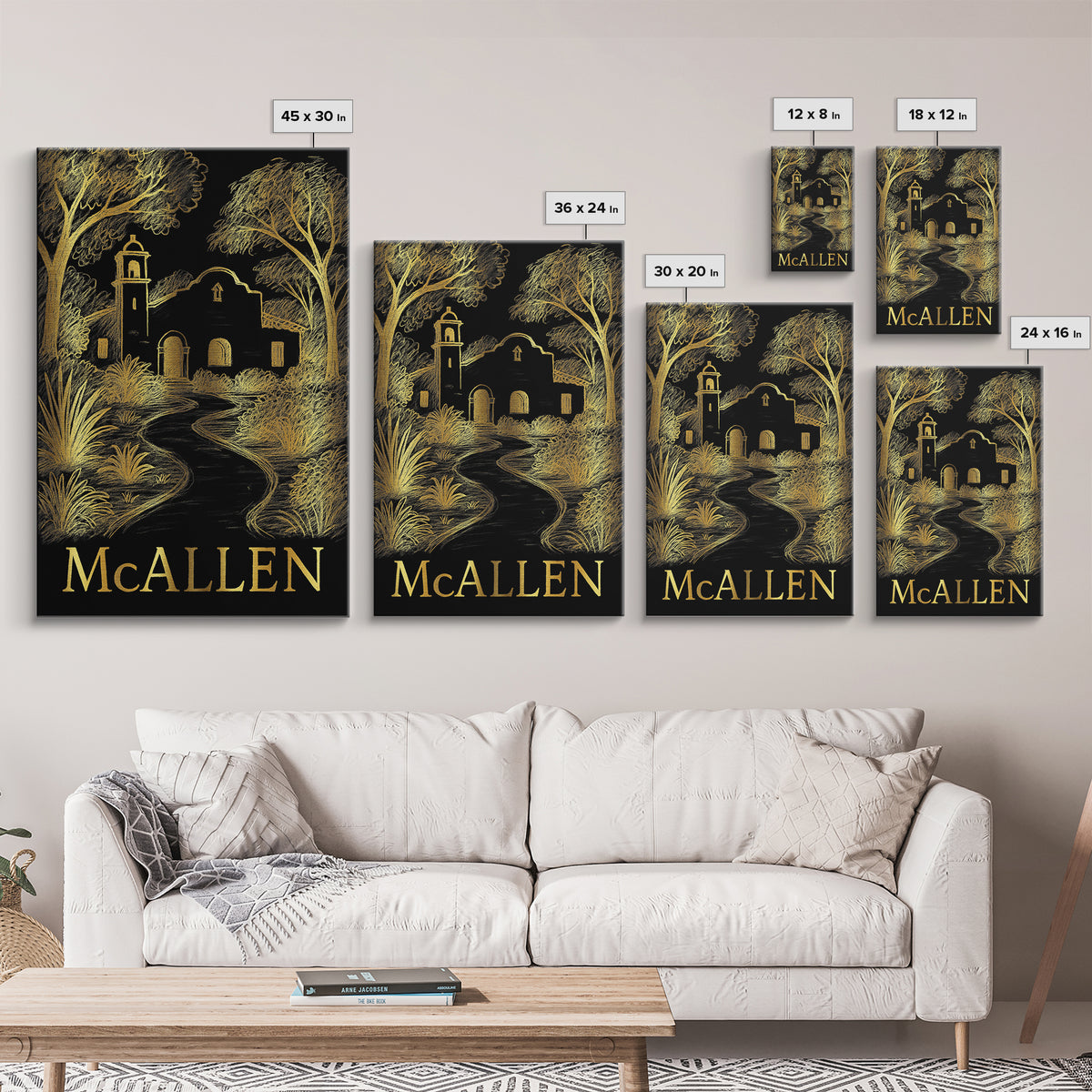 Mcallen Travel Poster, Framed Canvas Print, Black And Gold Line Art, Mcallen Travel Art, Fine Art Print, Travel Wall Decor, Retro Poster