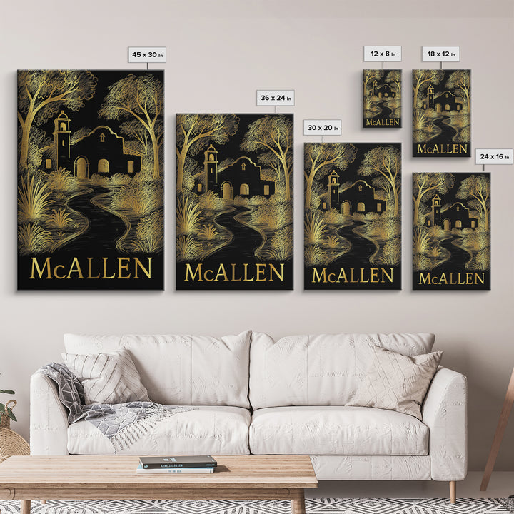 Mcallen Travel Poster, Framed Canvas Print, Black And Gold Line Art, Mcallen Travel Art, Fine Art Print, Travel Wall Decor, Retro Poster