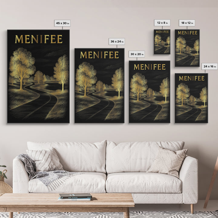 Menifee California Travel Poster, Canvas Print, Black And Gold Line Art, Menifee Art Print, Travel Prints, Vintage City Art, Travel Wall Art