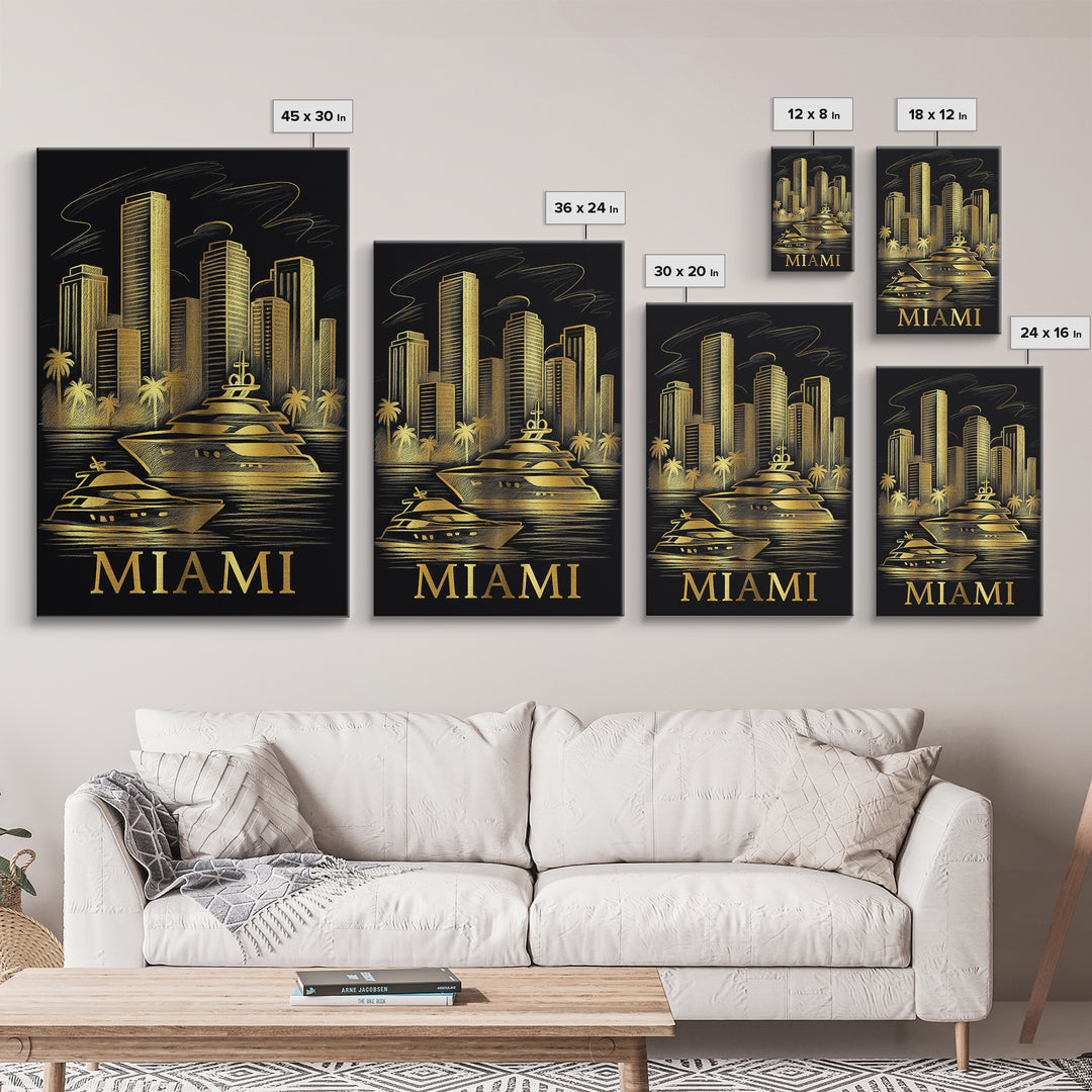 Miami Travel Poster, Framed Canvas Print, Elegant Gold City Art, Miami Travel Art, Fine Art Print, Gift For Travelers, City Art Print