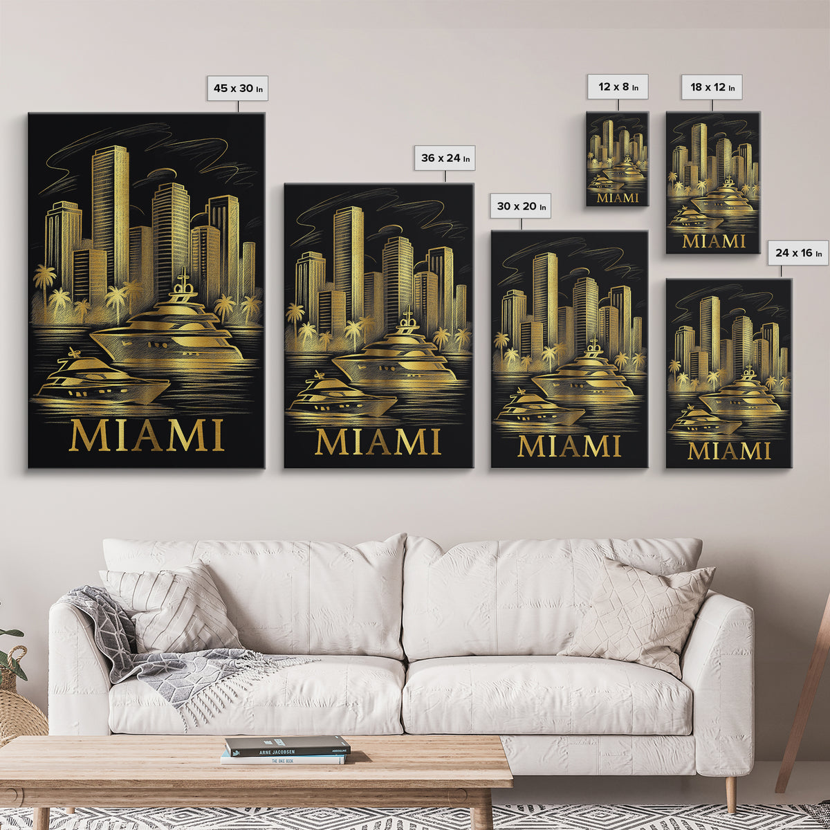 Miami Travel Poster, Framed Canvas Print, Elegant Gold City Art, Miami Travel Art, Fine Art Print, Gift For Travelers, City Art Print