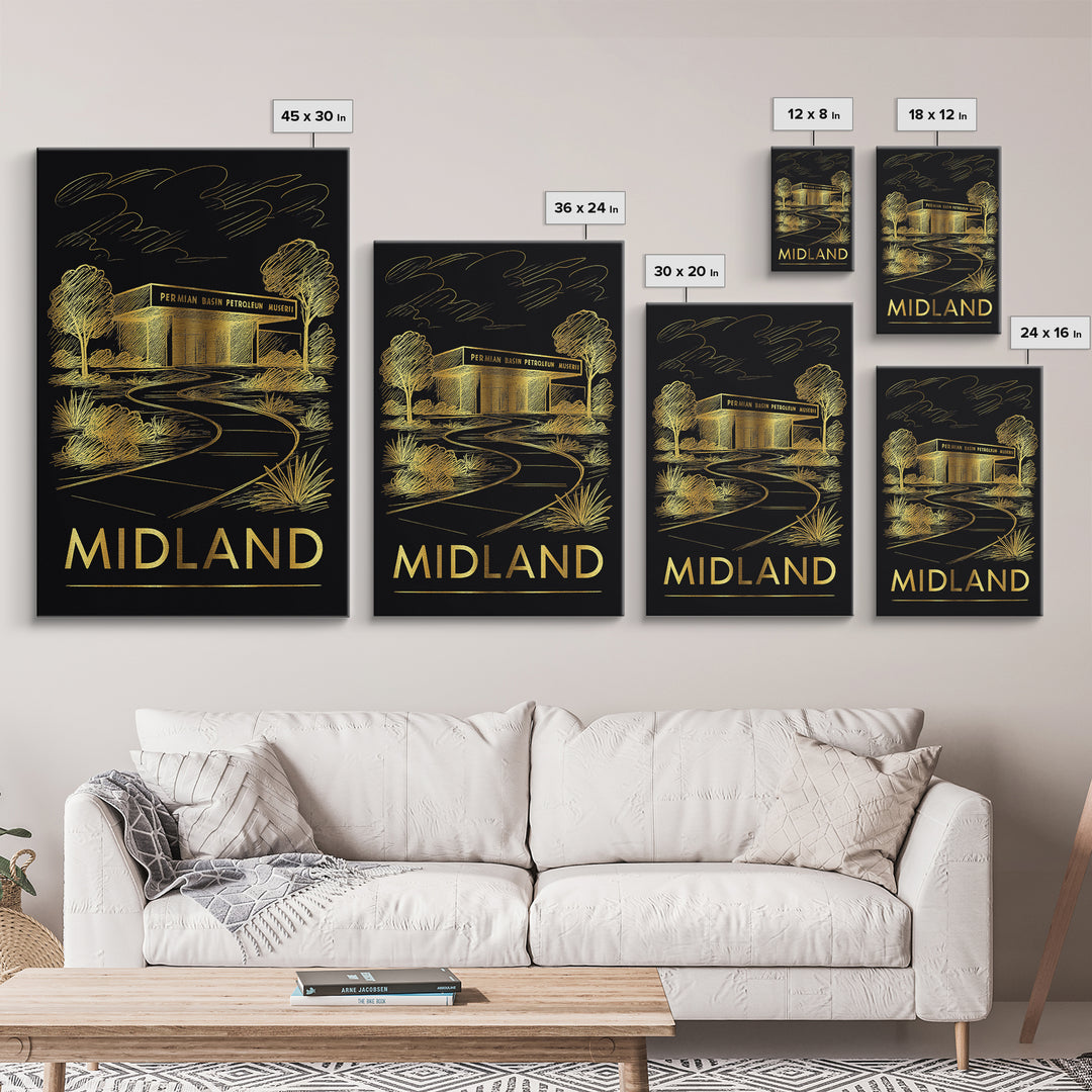 Midland Travel Poster, Framed Canvas Print, Dark Background Poster Art, Midland City Art, Vintage City Art, Vintage City Poster