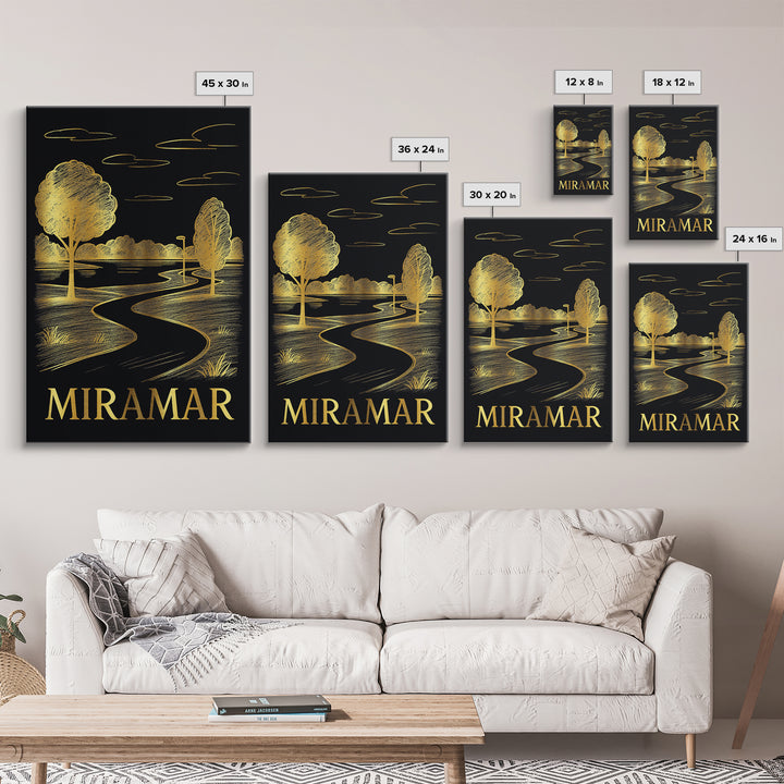 Miramar Travel Poster, Canvas Print, Gold Sketch Wall Art, Miramar Travel Art, Vintage City Poster, Travel Art Print, Travel Wall Art