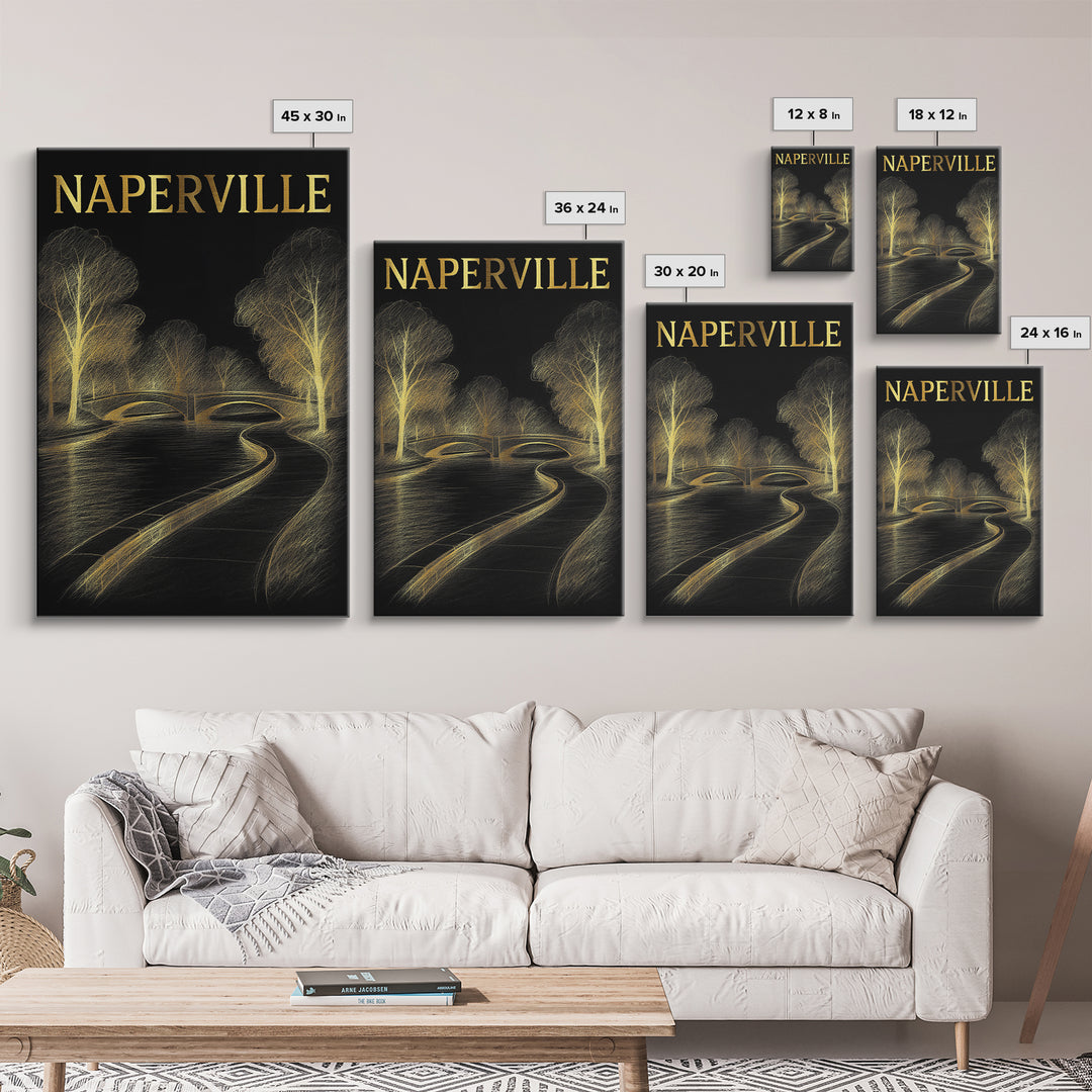 Naperville Illinois Travel Poster, Framed Canvas Print, Elegant Gold City Art, Naperville Art Print, Gift For Travelers, Travel Poster Set