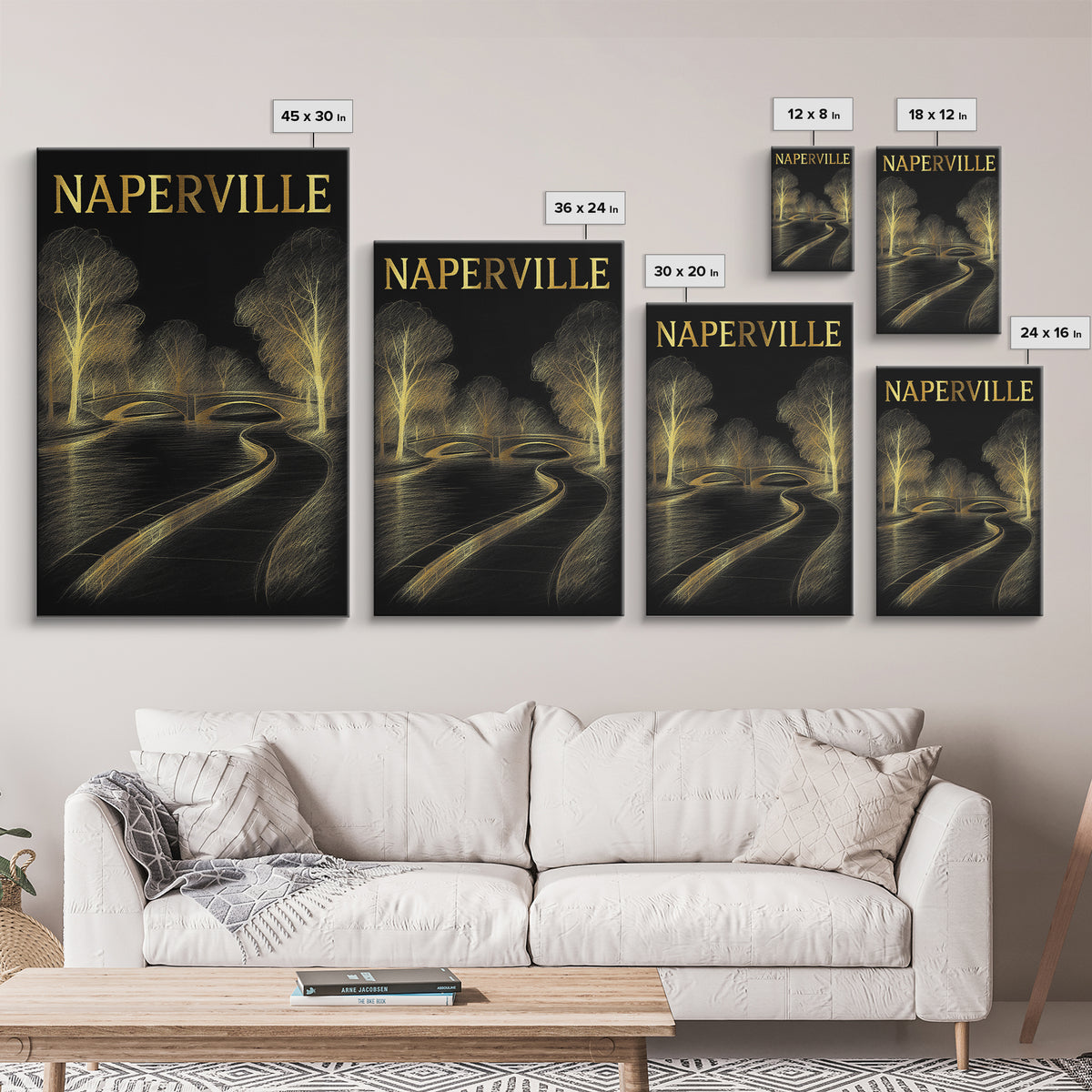 Naperville Illinois Travel Poster, Framed Canvas Print, Elegant Gold City Art, Naperville Art Print, Gift For Travelers, Travel Poster Set