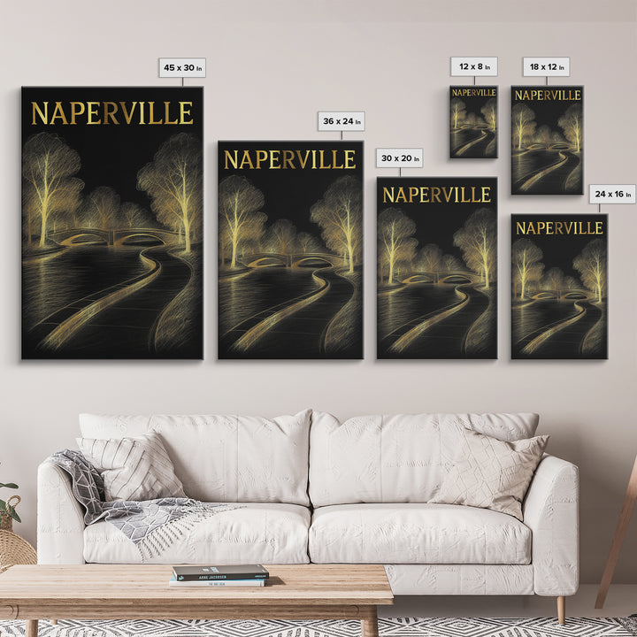 Naperville Illinois Travel Poster, Framed Canvas Print, Elegant Gold City Art, Naperville Art Print, Gift For Travelers, Travel Poster Set