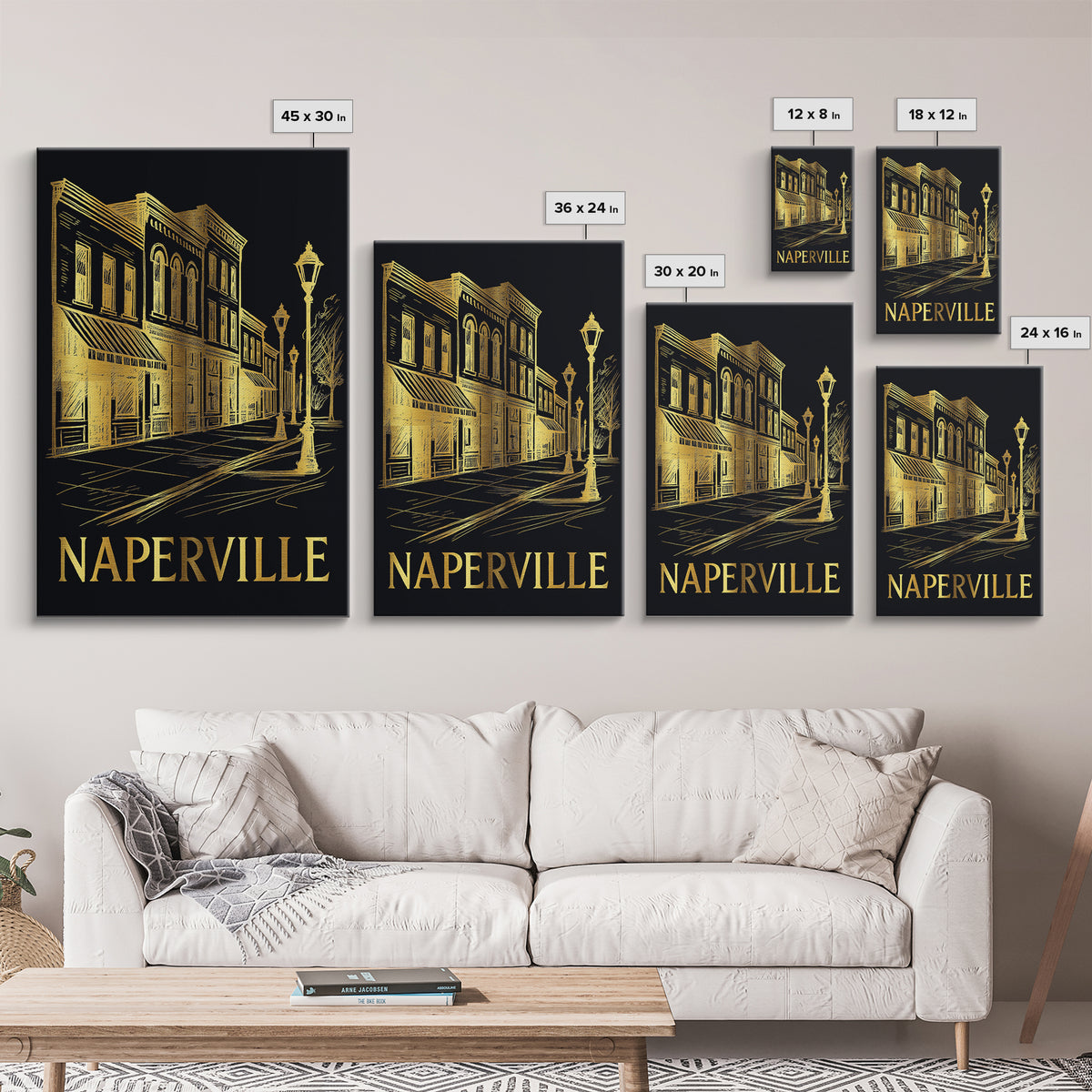 Naperville Travel Poster, Canvas Print, Elegant Gold City Art, Naperville City Art, City Art Print, Watercolor Skyline, City Illustration