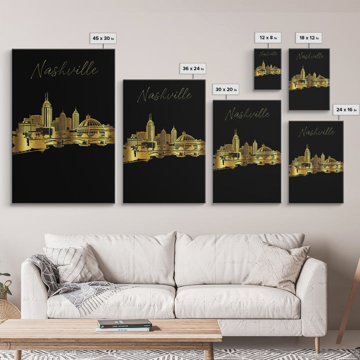 Nashville Travel Poster, Framed Canvas Print, Black And Gold Line Art, Nashville Travel Art, Travel Art Print, Watercolor Downtown Skyline